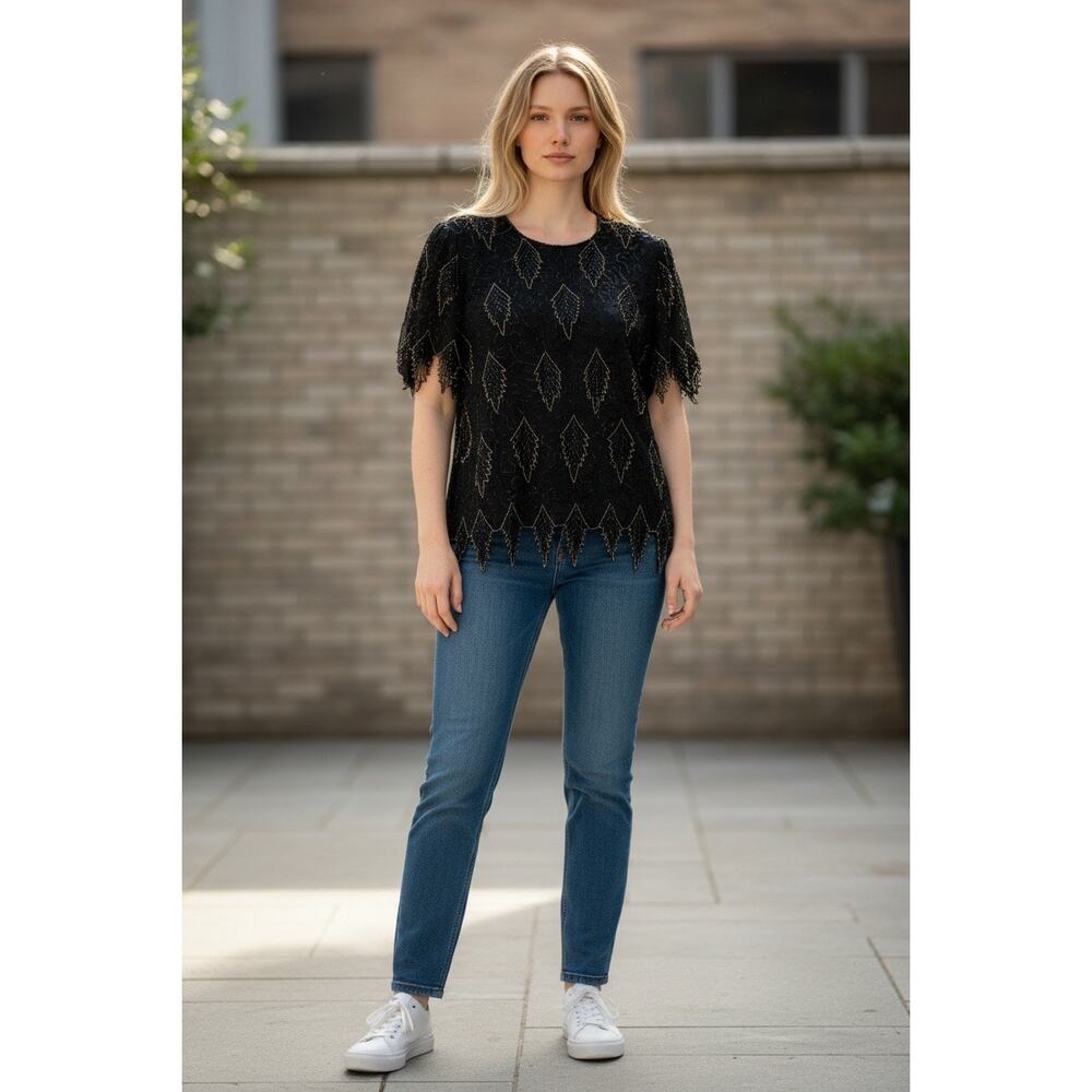 VTG Gunit Beaded Black With Gold Leaves Tunic Size 4X